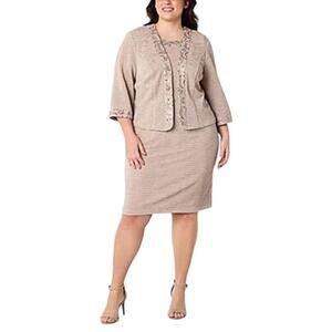 Women 2 Piece Jacket Dress Set Sz 14W Tan Embroidered Sequin Coquette Wedding